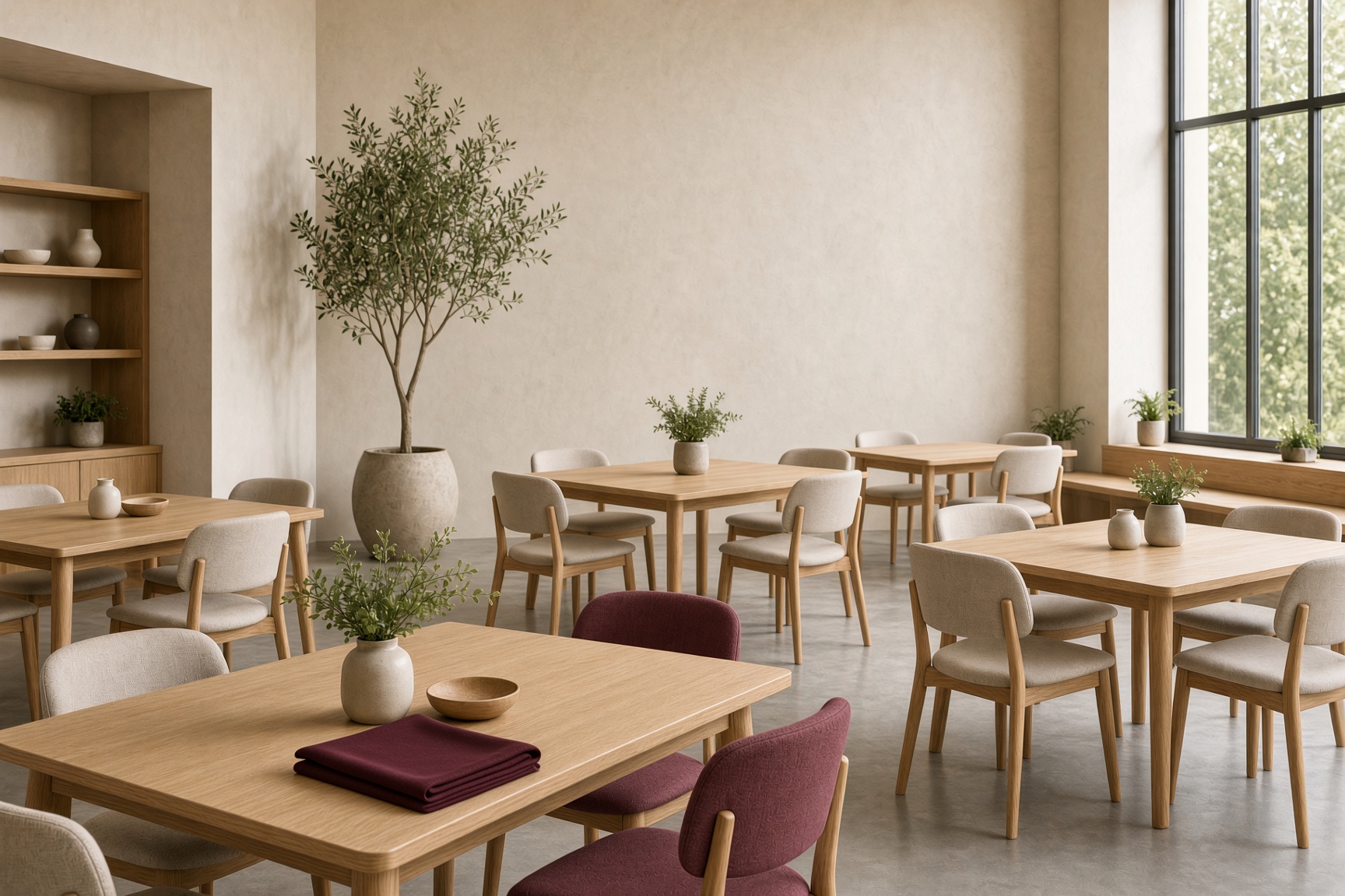A bright community meeting room with light wood tables and large windows.
